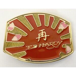 Men's ED HARDY Belt Buckle Only Red Gold Glitter Textured Metal Heavy No Belt
